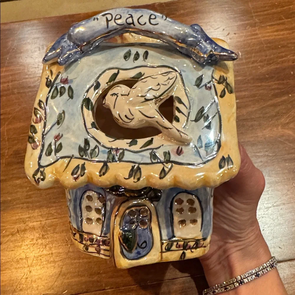 NWOT Blue Sky Ceramic May Peace Live In Your Home Dove 2 Pc Candle Holder 2001